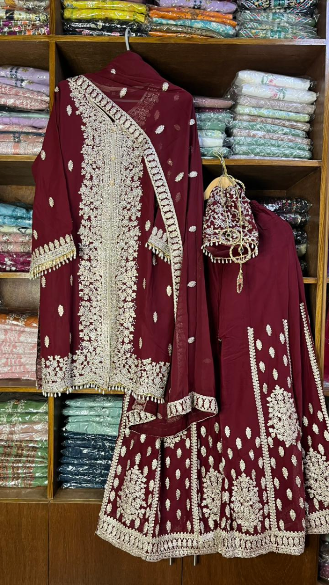Original Pakistani Luxury Chiffon Sharara Stitched 3Pcs _ Deep Maroon